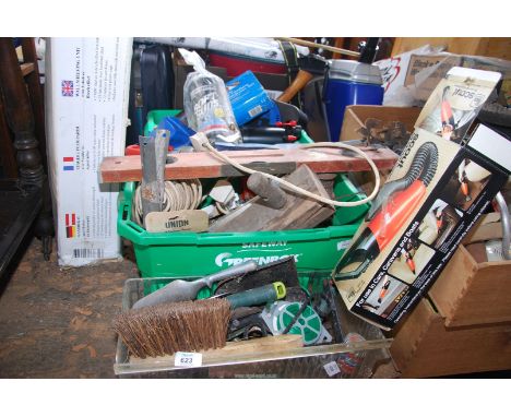 Black & Decker electric drill, small axe, extension lead, cordless screwdriver, etc.