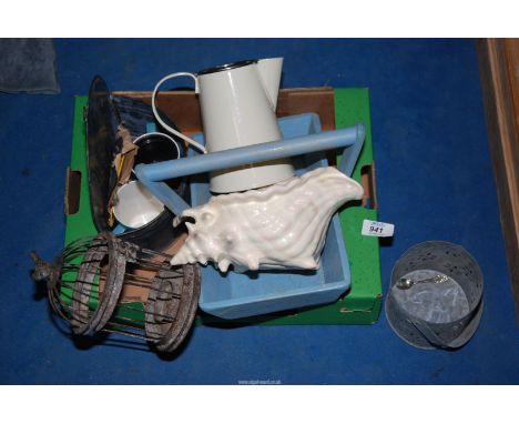 A quantity of miscellanea, shell planter, wooden trug, tea light holders, etc. 