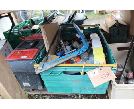 Box of tools including pipe bender, etc. and tool box and contents.