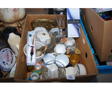 A box of china and glass, etc. including Dartington, dip pen, brass crumb tray and brush, etc.