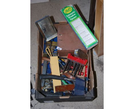 Miscellaneous tools, metal drill bits, clamps, set square, etc.