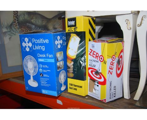 A 240 volt hand light, desk fan, and Zero-in electric insect killer.