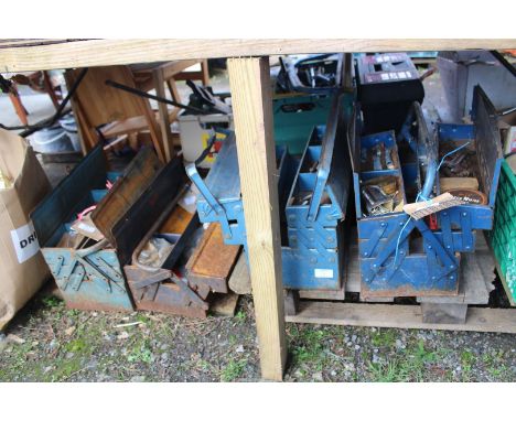Four cantilever tool boxes and contents including spanners, screwdrivers, sockets, etc.