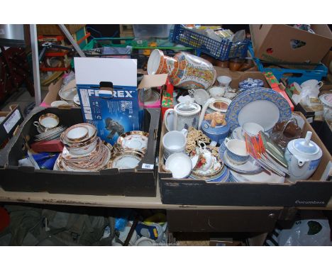 Five boxes of mixed dinner ware, angle grinder (no charger), chisels, etc.