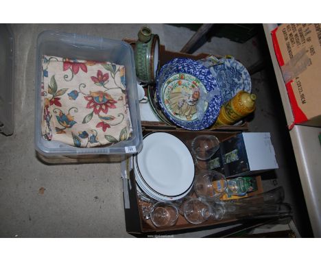 Three boxes of miscellaneous china, glasses, curtains, etc.