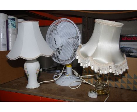 A fan, table lamp and shade, etc.