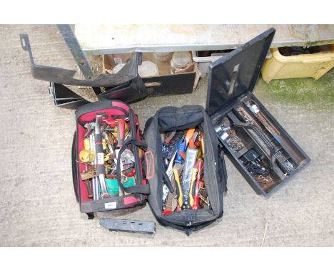 Three boxes of sockets, nails, tools, pliers, spanners, etc.