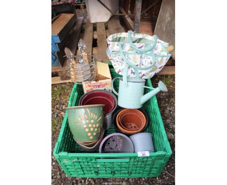 Box of garden pots, tools, etc.