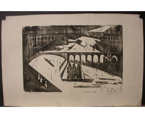 Werner Drewes, (1899 - 1985) Harlem River. Abstract impression of bridge, river. Good condition. Signed &amp; titled in penci