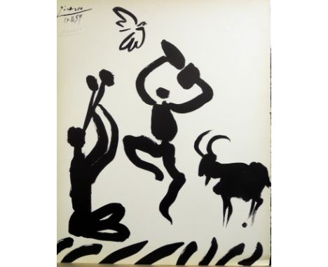 Pablo Picasso (1881-1973), People making music and dancing with a goat. Good condition. Signed and dated 17-11-59 on plate an