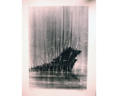 Richard Florsheim (1905–1979) Boats. Good condition. Signed L/R. Lithograph, 14" x 9 5/8"