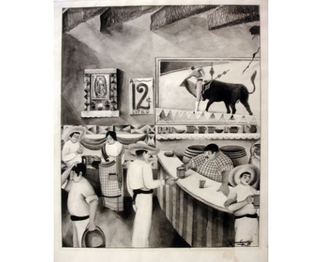 José BAQUÉ XIMÉNEZ (1912-1999) Bar scene, signed. Good condition, glue mark on L/R not affecting the image. Watercolor,19 1/2