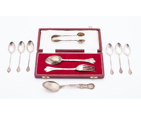 An Elizabeth II silver presentation spoon and fork by Francis Howard Ltd, Sheffield 1975, cased, a set of six masonic coffee 