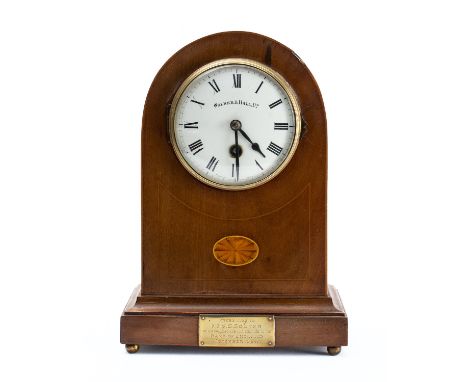 Japy Frères, an Edwardian inlaid mahogany mantel clock the eight-day duration timepiece movement having a later platform leve