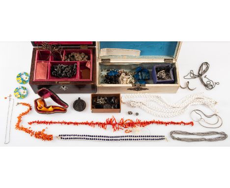 A mixed collection of costume jewellery, silver and items of interest, including lengths of coral beads, bead necklaces, silv