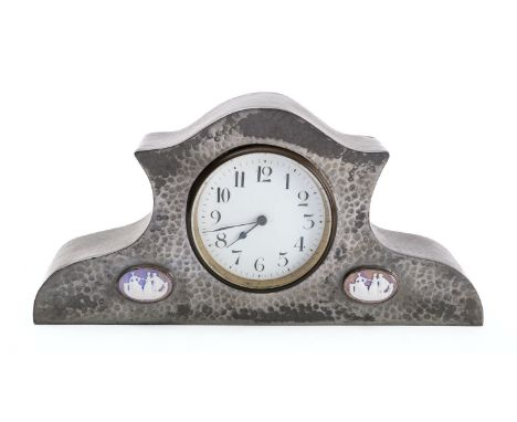 Puritan Pewter mantel clock the eight-day duration timepiece movement having a cylinder escapement and stamped with the hand-