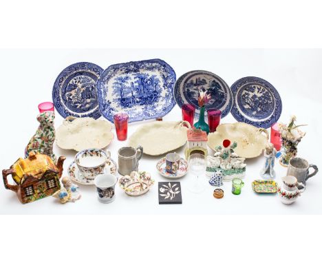 A mixed group of ceramics and glass, including a Qianlong blue and white plate, a Staffordshire pottery inkwell, cranberry gl