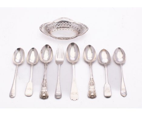A mixed group of silver; including an oval bonbon dish marks rubbed, 12cm wide, a pair of Kings pattern teaspoons, a Goldsmit