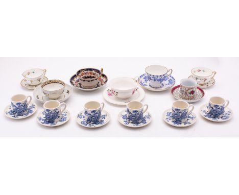 A mixed group of primarily English tea wares comprising a tea bowl and saucer, possibly Chamberlains, a pair of Royal Crown D