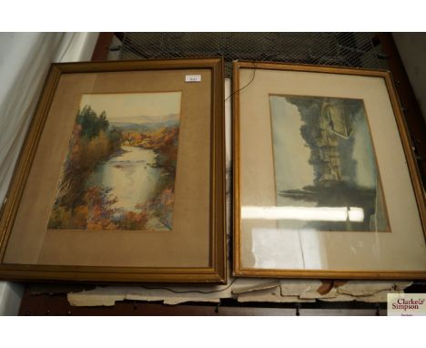 A watercolour study of a river scene initial K M P; a watercolour figures by a river; two black and white prints etc