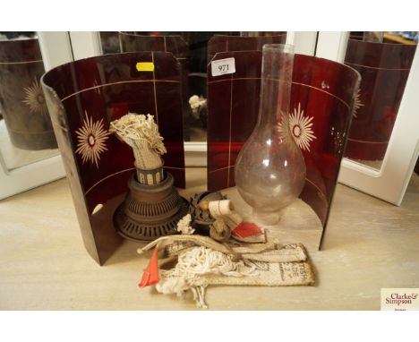 Two ruby flash glass shades, sections of an oil lamp and glass chimney