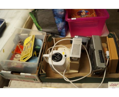 A box containing a Grundig radio; teasmade; two boxes containing various tools and fittings; a burwood box and contents of sc