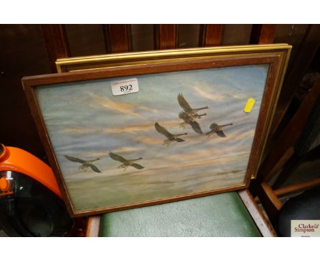 A Peter Scott print depicting birds in flight and a print of hedgehogs