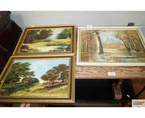 Two oil on boards study of rural landscapes and a oil on canvas study of a hunting scene