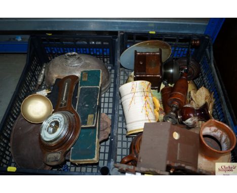 Two boxes containing coffee grinder, pair of oak candle sticks. cuckoo clock, barometer, drawing instruments etc.
