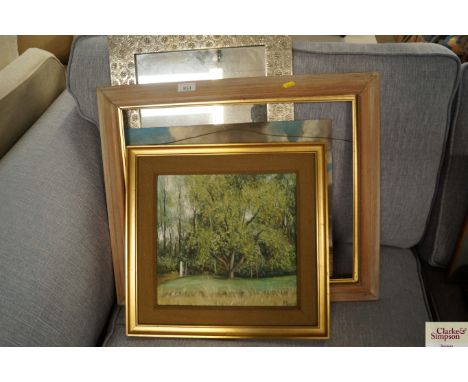 R Price, oil on board study of figures in rural landscape; R Price, oil on board study of a country garden and a wall mirror