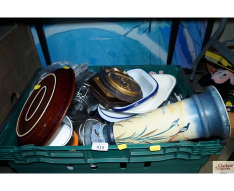 A box containing storage jars; enamel cooking dishes; pottery vase; various other kitchenalia etc