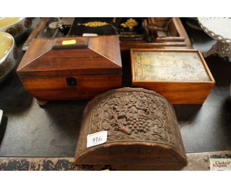 A wooden box "The Game of Schimmell" lacking contents; a mahogany two compartment tea caddy and a carved wooden trinket box 