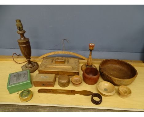 Treen lamp base, desk tidy and bowls etc&nbsp;