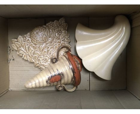 A Collection of ceramic wall pockets and a copper bucket. NO RESERVE