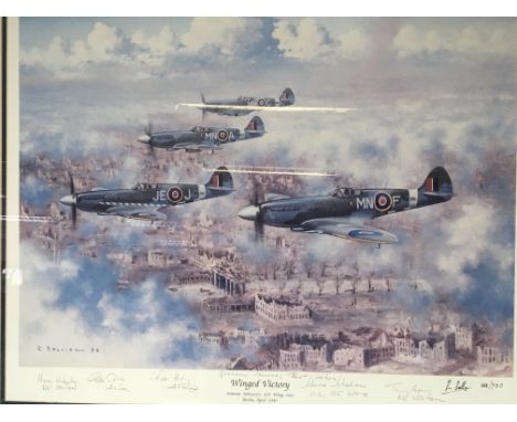 A framed limited edition print Winged Victory by R Belling signed and numbered 148/750 with a further six signatures of II wo