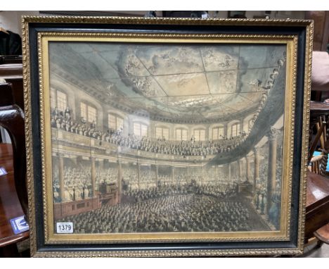 An early gilt framed print depicting an early court scene