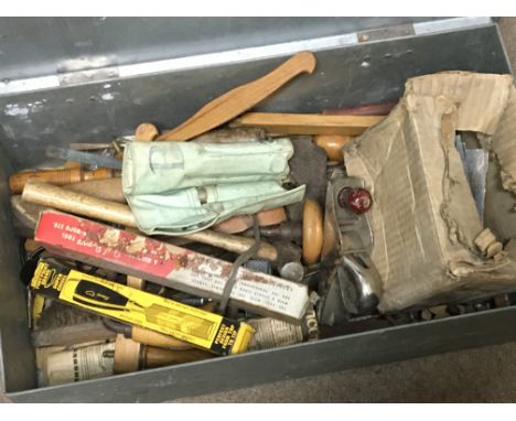 A metal box containing wood working tools and a mahogany box containing a Vintage chrome toaster.