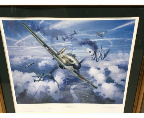 A framed limited edition print II world war Air Craft with additional fighter crew signatures and two other prints (3)