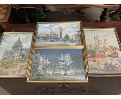 A collection of framed hidden Dunlop advertising paintings of London, Cambridge and Canterbury scenes.