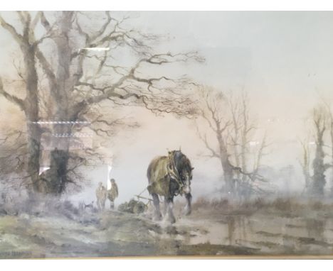 A framed print a working heavy horse in a winter scene with figures and a dog. artist Alwyn Crawshaw - NO RESERVE