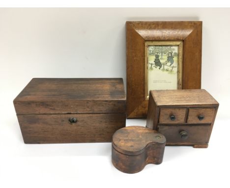 A Victorian tea caddy, a travelling salesman / apprentice piece chest of drawers, a hansom cab grease box with swivel lid and
