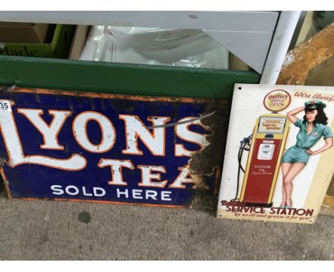 A Vintage Lyons Tea sign and a replica service station sign. (2)