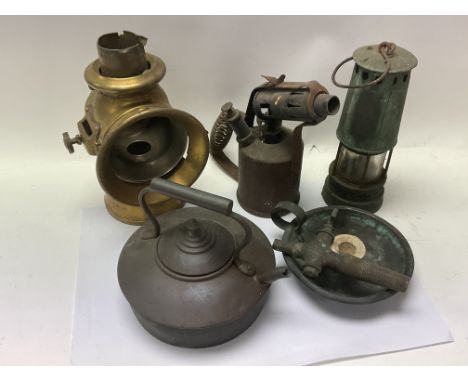 A collection of mixed metalware including a brass Lucas car lamp.