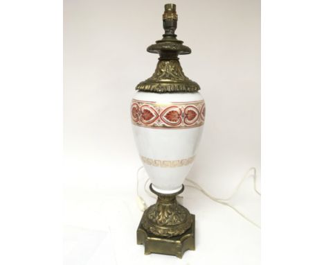 A Quality early 20th century gilt metal and porcelain table lamp. 57cm