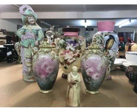 A collection of glass and ceramics including Royal Worcester candle sniffer, bisque figure, two glass vases and a pair of Ger