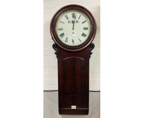 A GWR mahogany cased drop dial trunk single fusee wall clock with 14.5inch Âdial x 48inches high. (Great Western Railways).