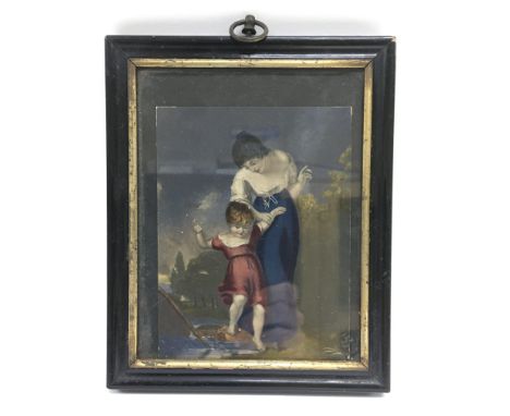 A framed early 19th Century coloured print of a woman and a young girl, approx 16cm x 20cm.