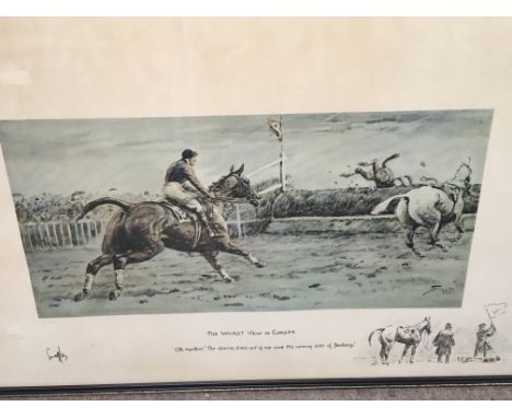 Two framed prints, one titled The Worst View in Europe, Grand National Snaffles print and one other horse racing print.