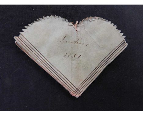 A late Georgian cut paper fan shaped multi-folding manuscript puzzle question and answer game dated 1831, approx 70 x 90mm