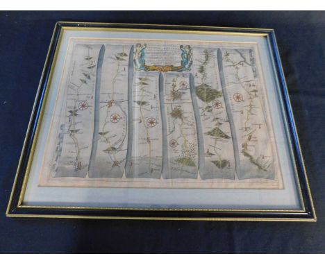 John Ogilby: The Continuation of the Road from London to Bristol.. engraved hand coloured road map circa 1675, approx 330 x 4